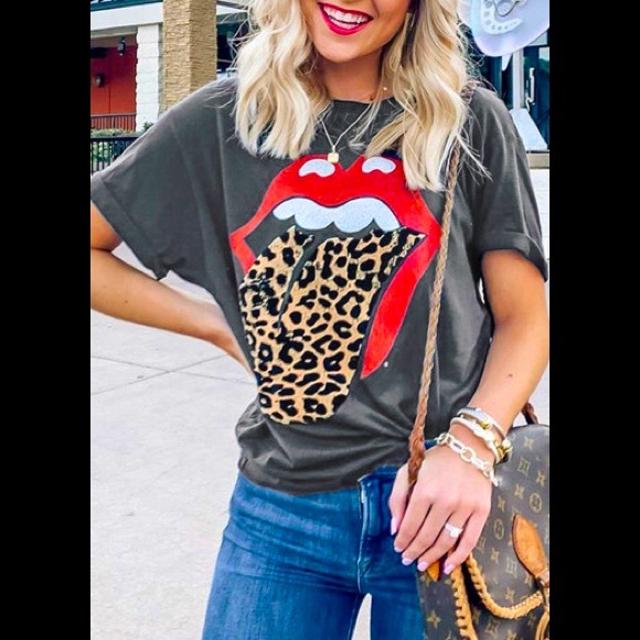 Dark Grey 👄 Animal Print leopard 🐆 Tongues 👅 Rolling Stones 💯 Cotton T-Shirt - Picture 3 of 4